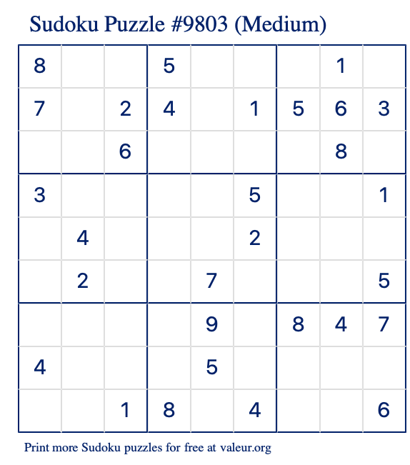 Free Printable Medium Sudoku Puzzle number 9803