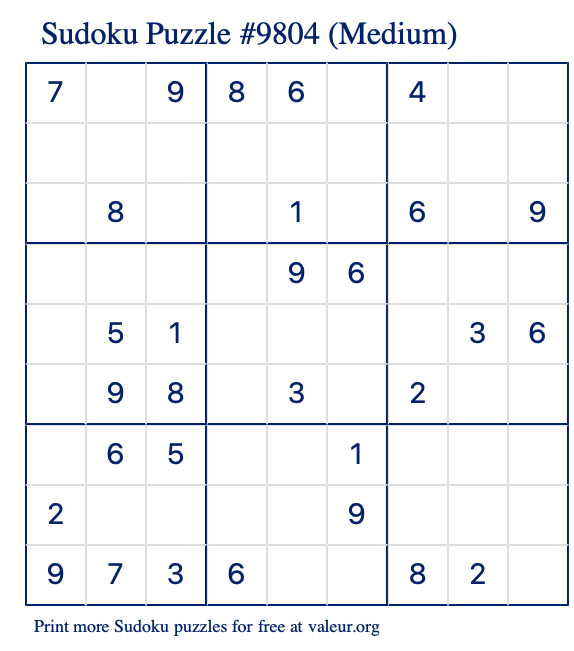 Free Printable Medium Sudoku Puzzle number 9804