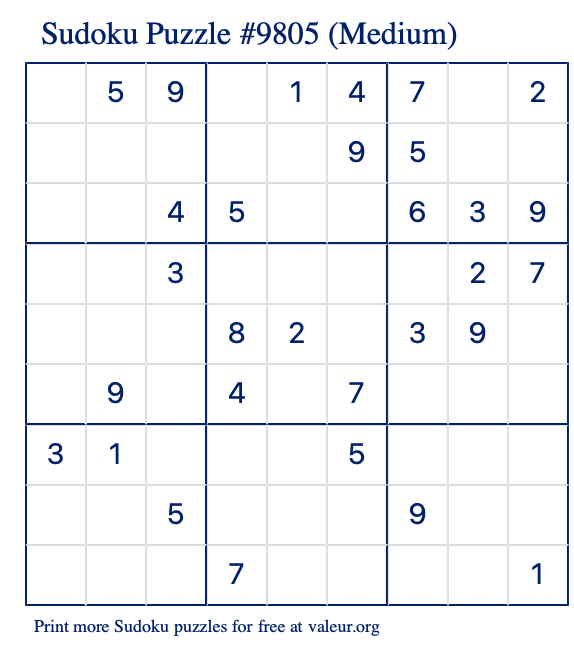 Free Printable Medium Sudoku Puzzle number 9805