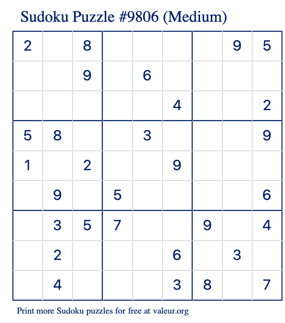 Free Printable Medium Sudoku Puzzle number 9806