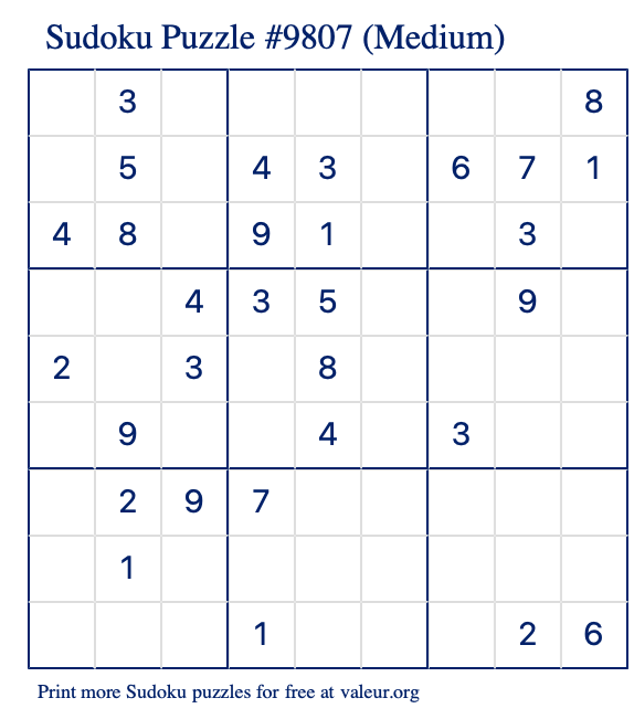 Free Printable Medium Sudoku Puzzle number 9807