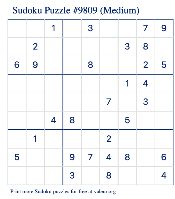 Free Printable Medium Sudoku Puzzle number 9809