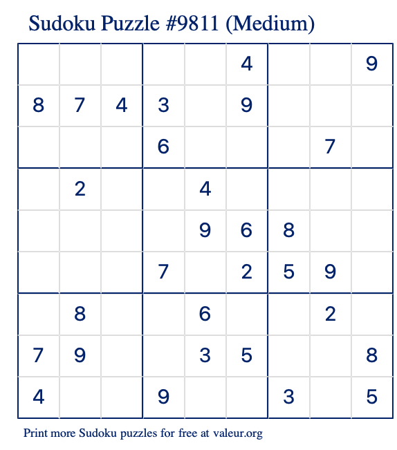 Free Printable Medium Sudoku Puzzle number 9811