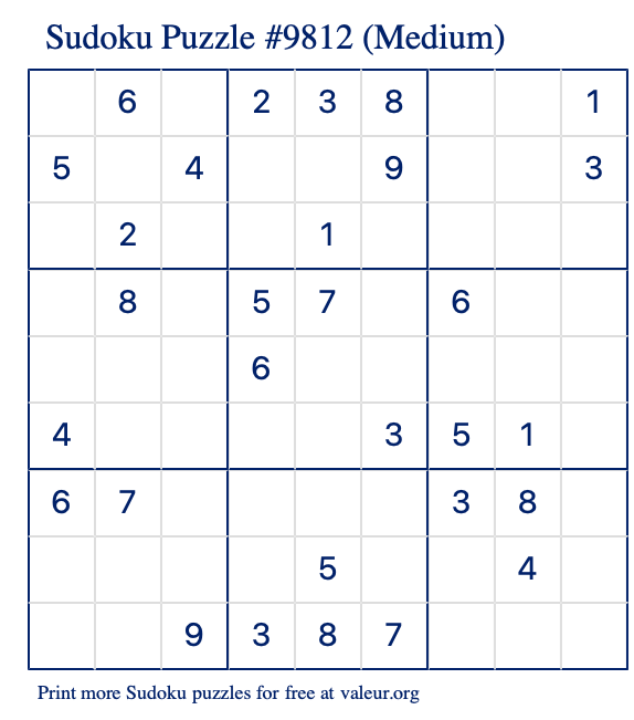 Free Printable Medium Sudoku Puzzle number 9812