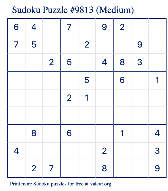 Free Printable Medium Sudoku Puzzle number 9813