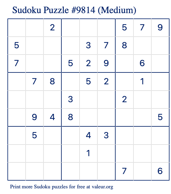 Free Printable Medium Sudoku Puzzle number 9814