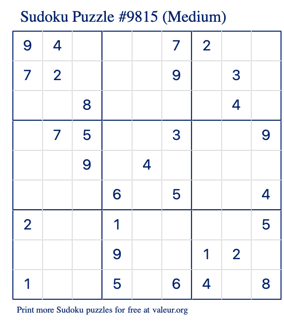 Free Printable Medium Sudoku Puzzle number 9815