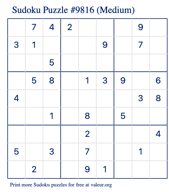 Free Printable Medium Sudoku Puzzle number 9816