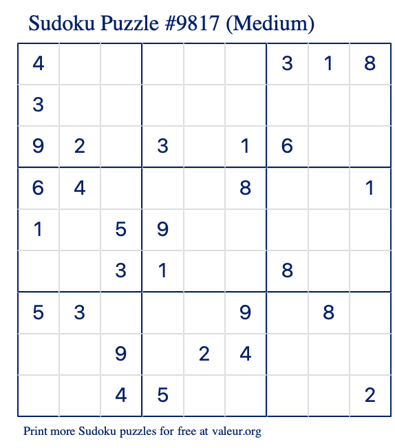 Free Printable Medium Sudoku Puzzle number 9817