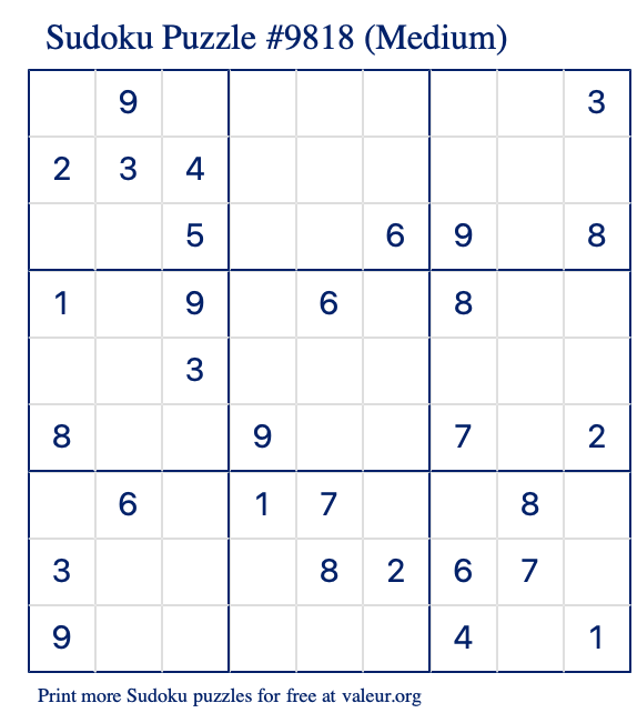Free Printable Medium Sudoku Puzzle number 9818