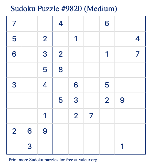 Free Printable Medium Sudoku Puzzle number 9820