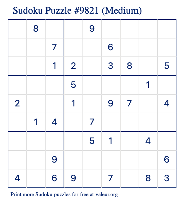 Free Printable Medium Sudoku Puzzle number 9821