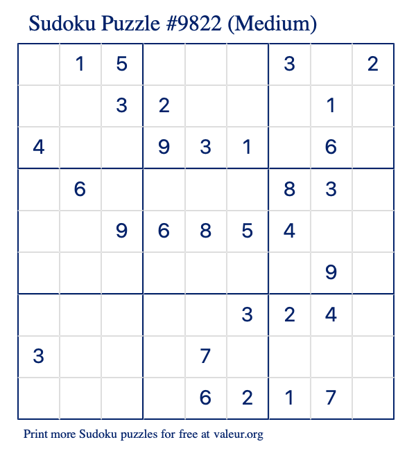Free Printable Medium Sudoku Puzzle number 9822