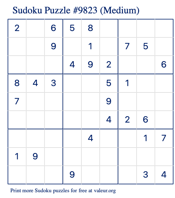 Free Printable Medium Sudoku Puzzle number 9823