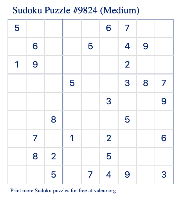 Free Printable Medium Sudoku Puzzle number 9824
