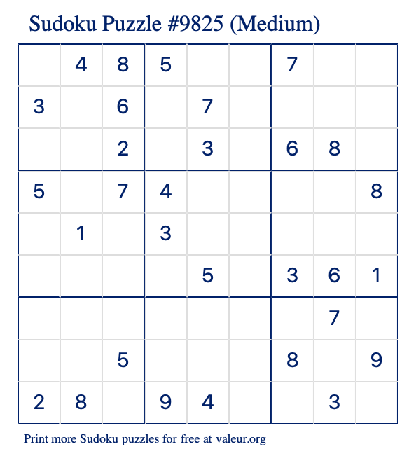 Free Printable Medium Sudoku Puzzle number 9825