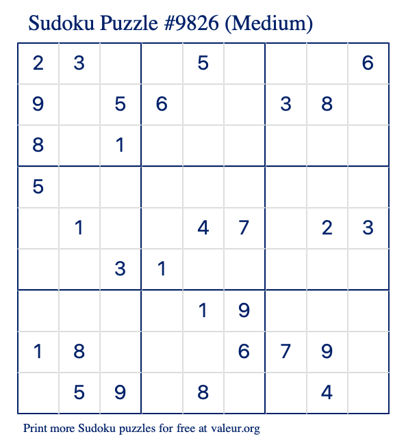 Free Printable Medium Sudoku Puzzle number 9826