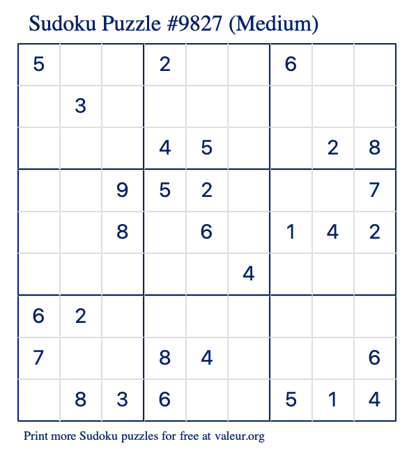 Free Printable Medium Sudoku Puzzle number 9827