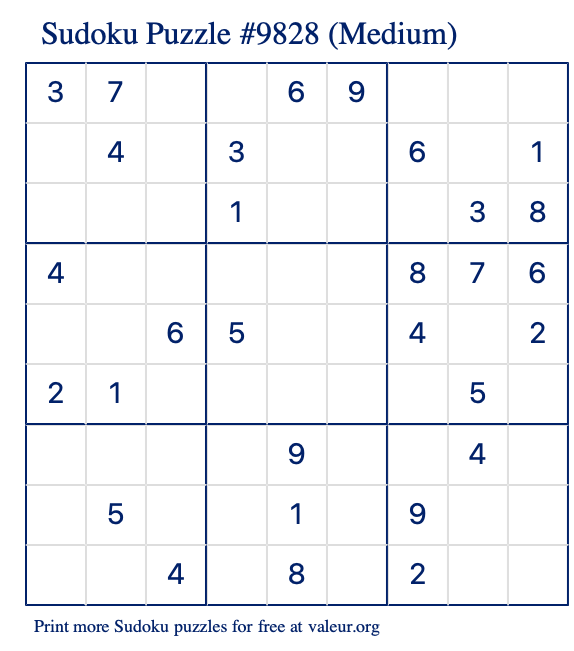 Free Printable Medium Sudoku Puzzle number 9828