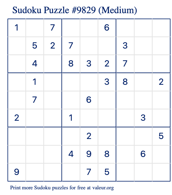 Free Printable Medium Sudoku Puzzle number 9829