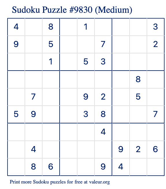 Free Printable Medium Sudoku Puzzle number 9830