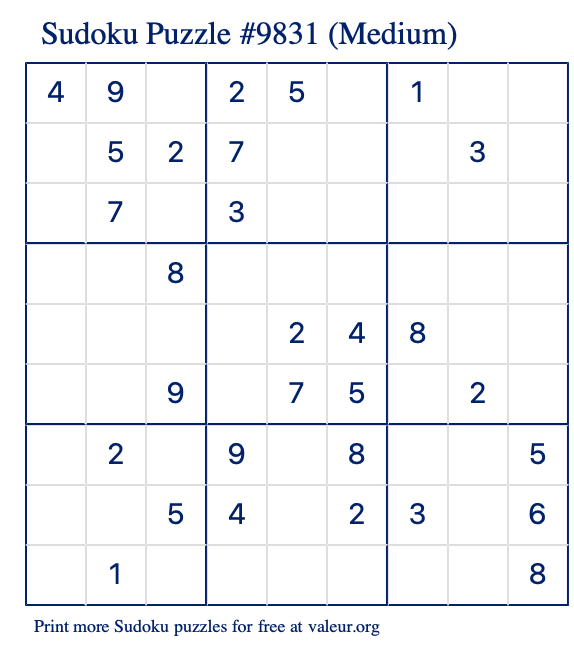 Free Printable Medium Sudoku Puzzle number 9831