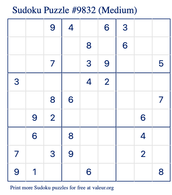 Free Printable Medium Sudoku Puzzle number 9832