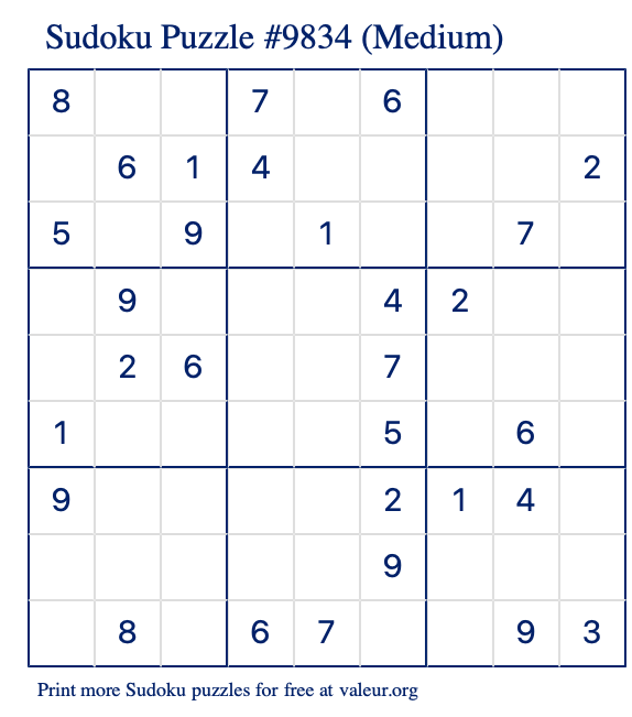 Free Printable Medium Sudoku Puzzle number 9834