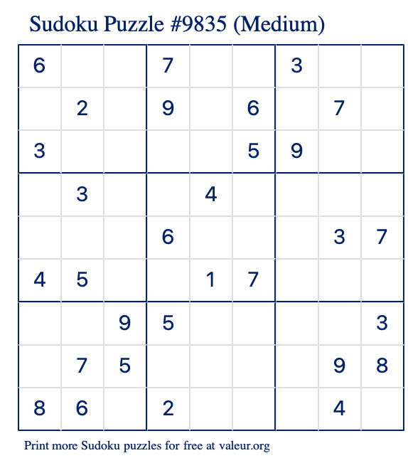 Free Printable Medium Sudoku Puzzle number 9835