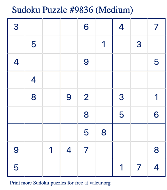 Free Printable Medium Sudoku Puzzle number 9836