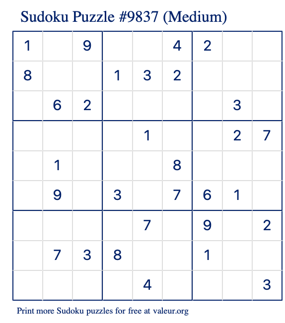 Free Printable Medium Sudoku Puzzle number 9837