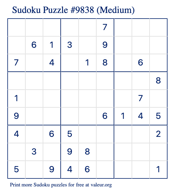 Free Printable Medium Sudoku Puzzle number 9838