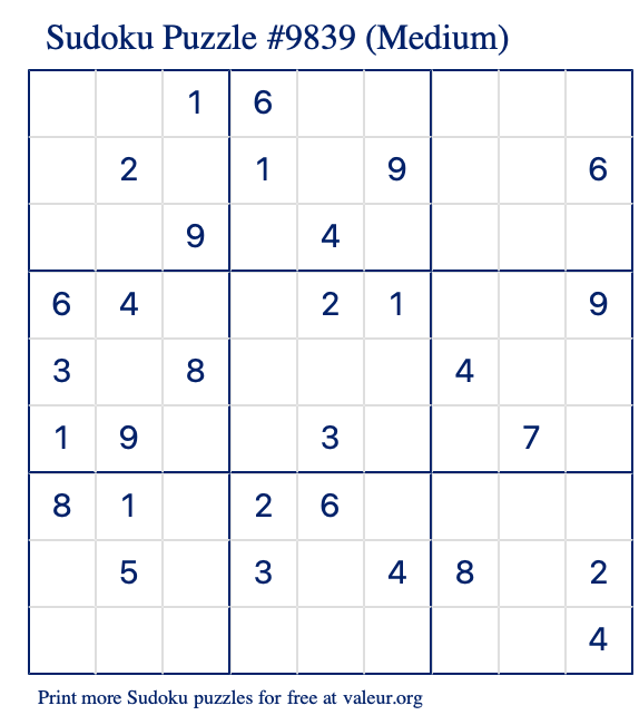 Free Printable Medium Sudoku Puzzle number 9839