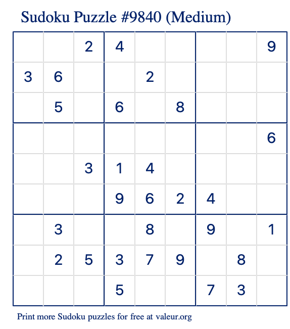 Free Printable Medium Sudoku Puzzle number 9840