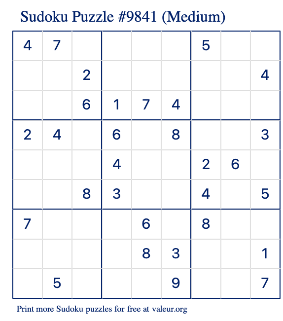 Free Printable Medium Sudoku Puzzle number 9841