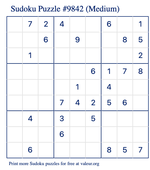 Free Printable Medium Sudoku Puzzle number 9842