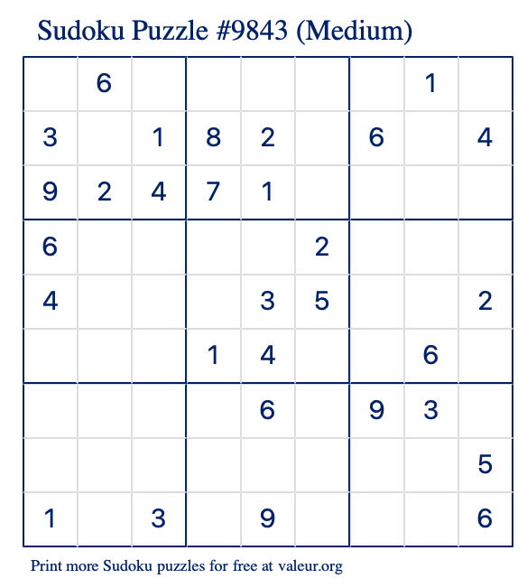 Free Printable Medium Sudoku Puzzle number 9843