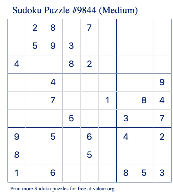 Free Printable Medium Sudoku Puzzle number 9844