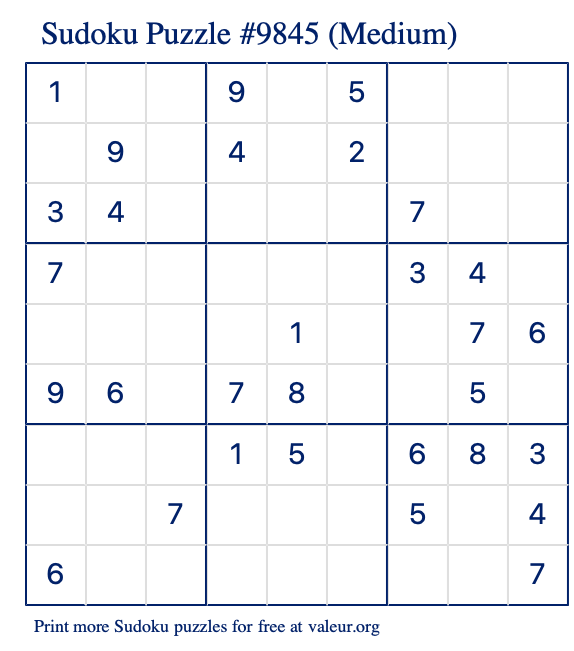 Free Printable Medium Sudoku Puzzle number 9845
