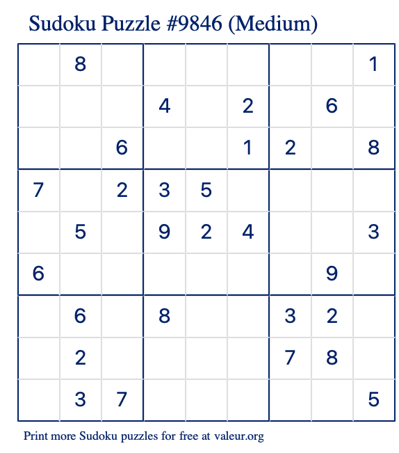 Free Printable Medium Sudoku Puzzle number 9846