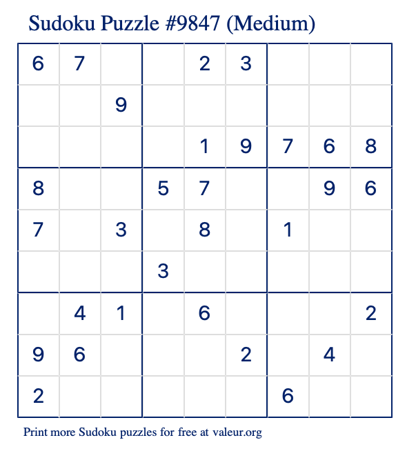 Free Printable Medium Sudoku Puzzle number 9847