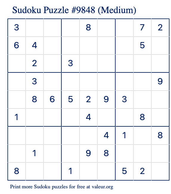 Free Printable Medium Sudoku Puzzle number 9848