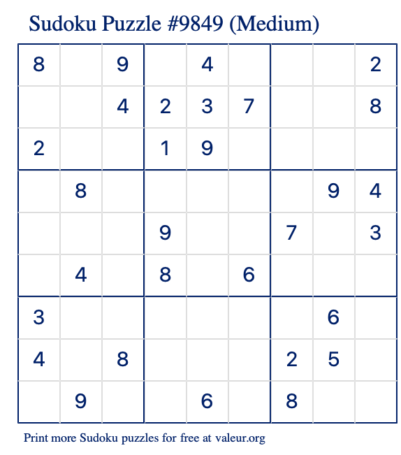 Free Printable Medium Sudoku Puzzle number 9849
