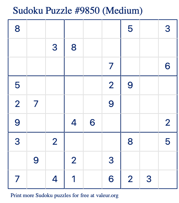 Free Printable Medium Sudoku Puzzle number 9850