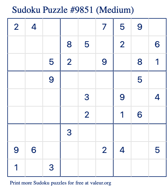 Free Printable Medium Sudoku Puzzle number 9851