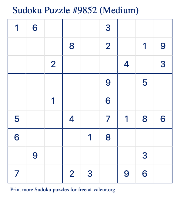 Free Printable Medium Sudoku Puzzle number 9852