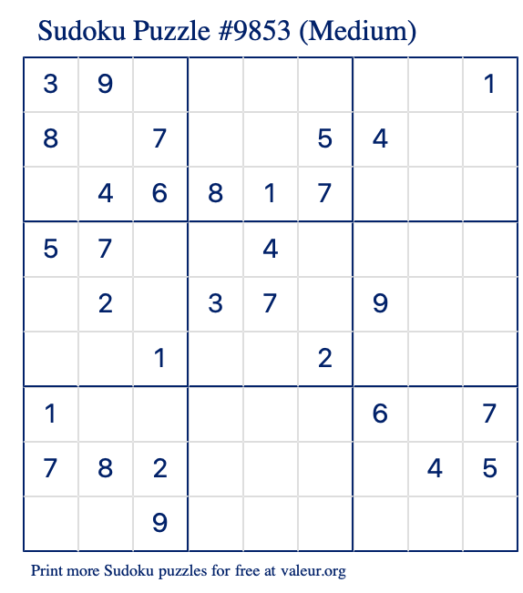 Free Printable Medium Sudoku Puzzle number 9853
