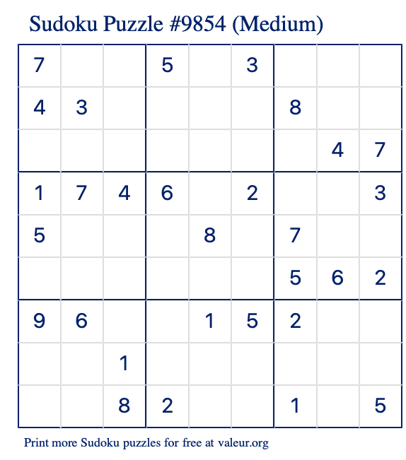 Free Printable Medium Sudoku Puzzle number 9854