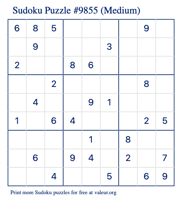 Free Printable Medium Sudoku Puzzle number 9855
