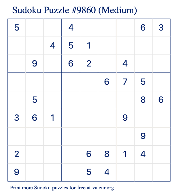 Free Printable Medium Sudoku Puzzle number 9860